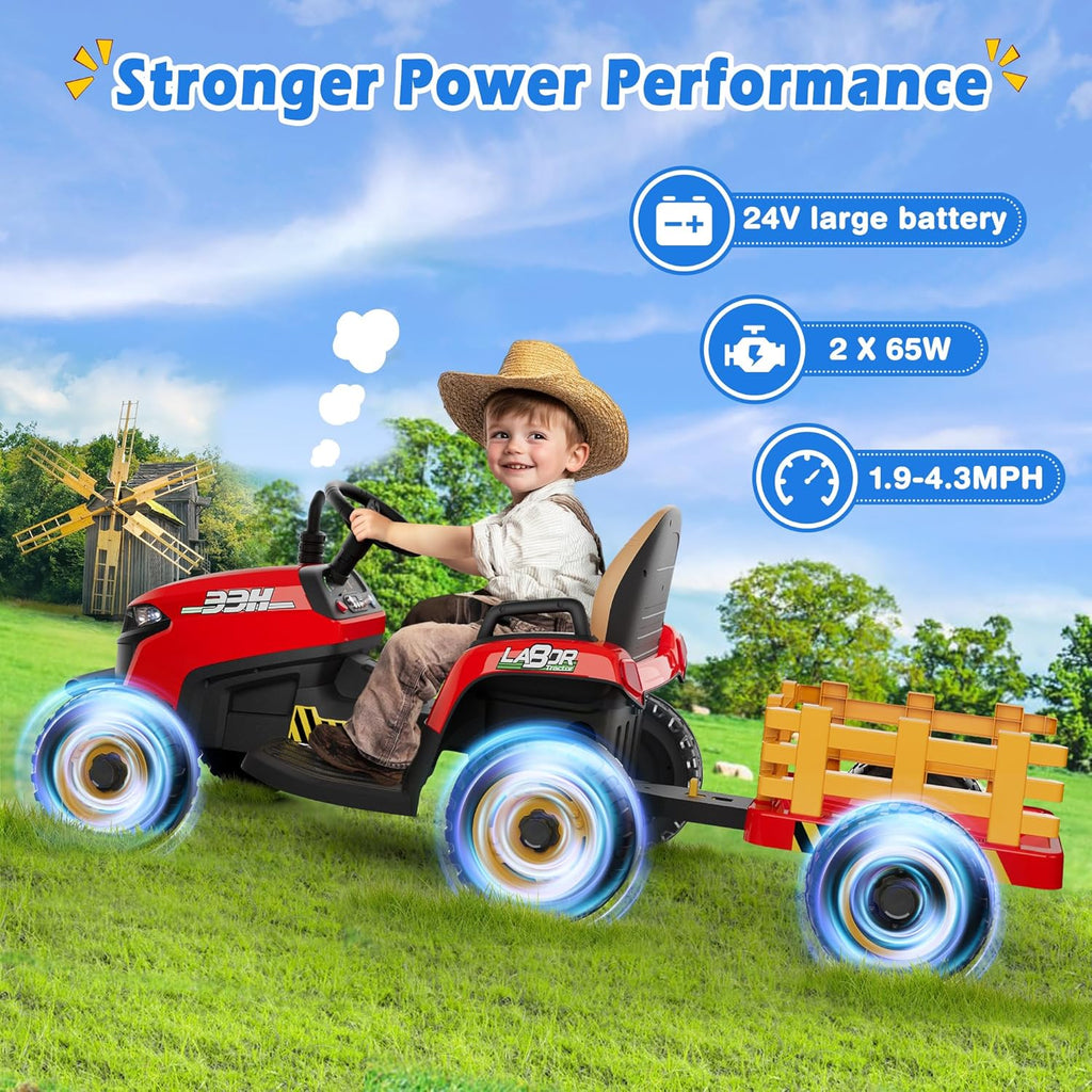24V Ride On Tractor w/Tiltable & Detachable Trailer, 2x65W Motors, EVA Tires, Remote Control, Bluetooth, Shifter, Music, Electric Car for Kids, Green wourant