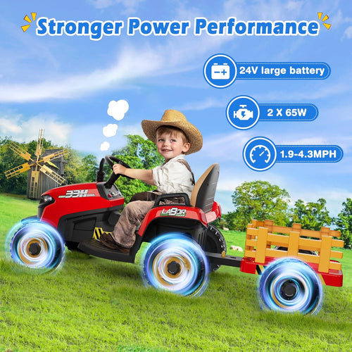 24V Ride On Tractor w/Tiltable & Detachable Trailer, 2x65W Motors, EVA Tires, Remote Control, Bluetooth, Shifter, Music, Electric Car for Kids, Green wourant