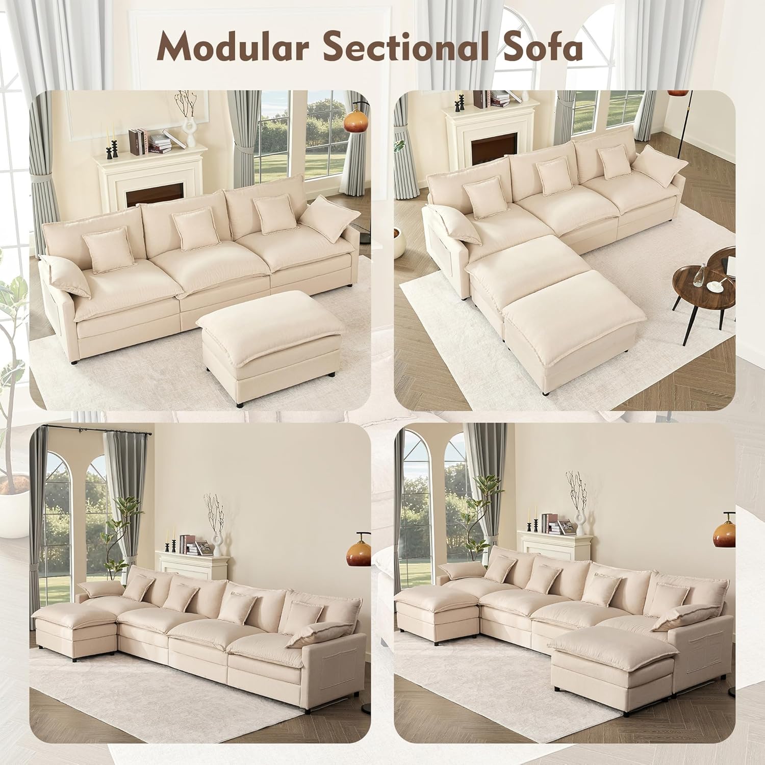 108 Inch U Shape Sofa Sectional Sofa Comfortable Cloud Sofa with Removable Footstool wourant