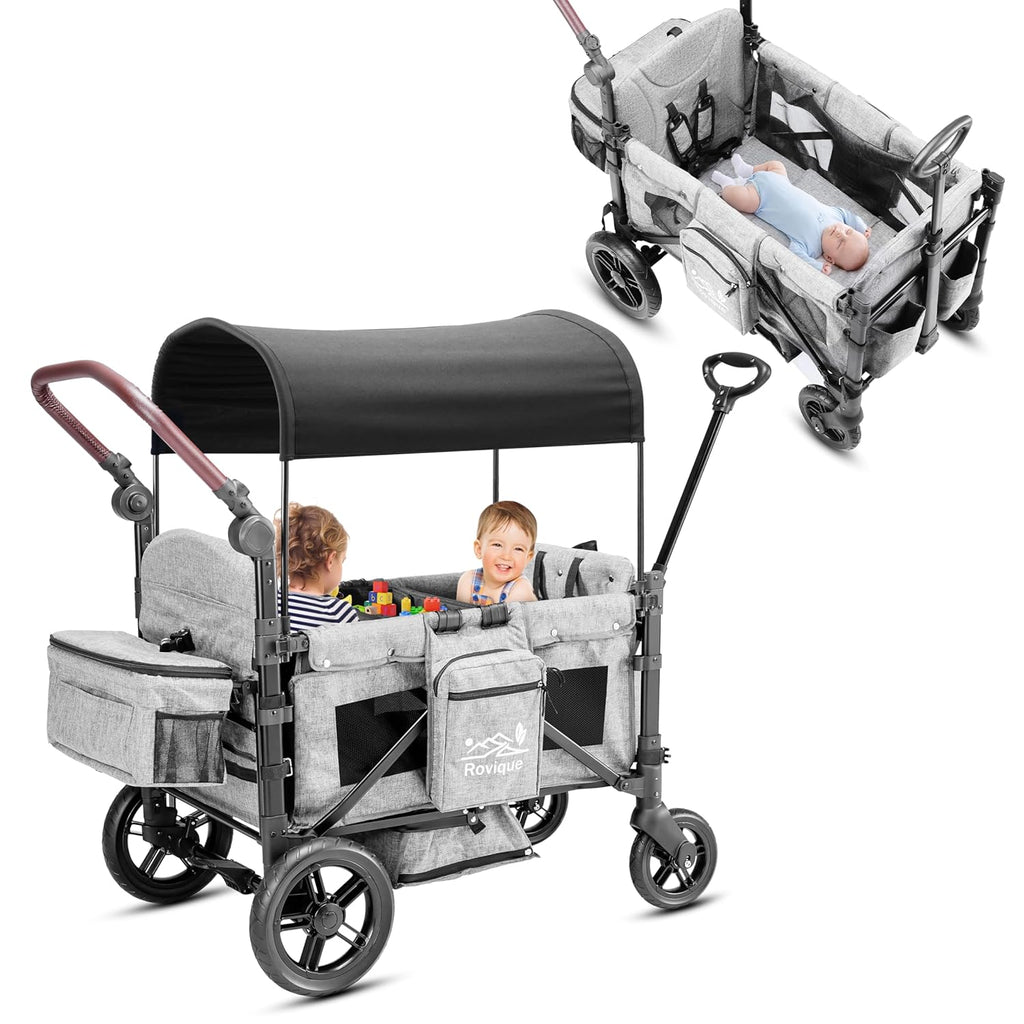 Wagon Stroller for 2 Kids,Premium Wagon for Kids with Removable Canopy, Snack Tray, Convertible Baby Bassinet, 5-Point Safety Harness, All-Terrain PU Wheels & Adjustable Push/Pull Handle,Grey wourant