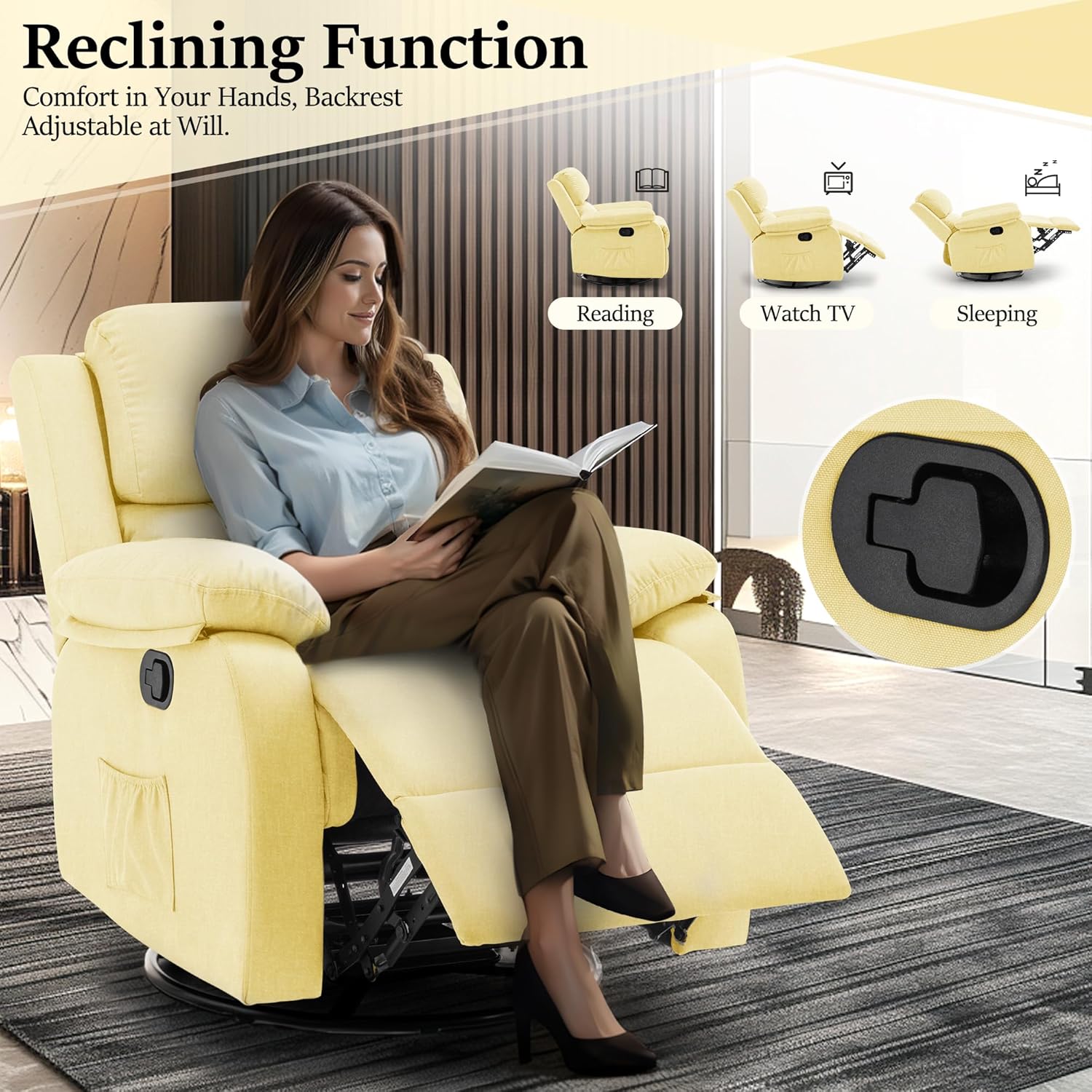 Reclining rocking chair 360 degree rotating fabric sliding reclining chair wourant