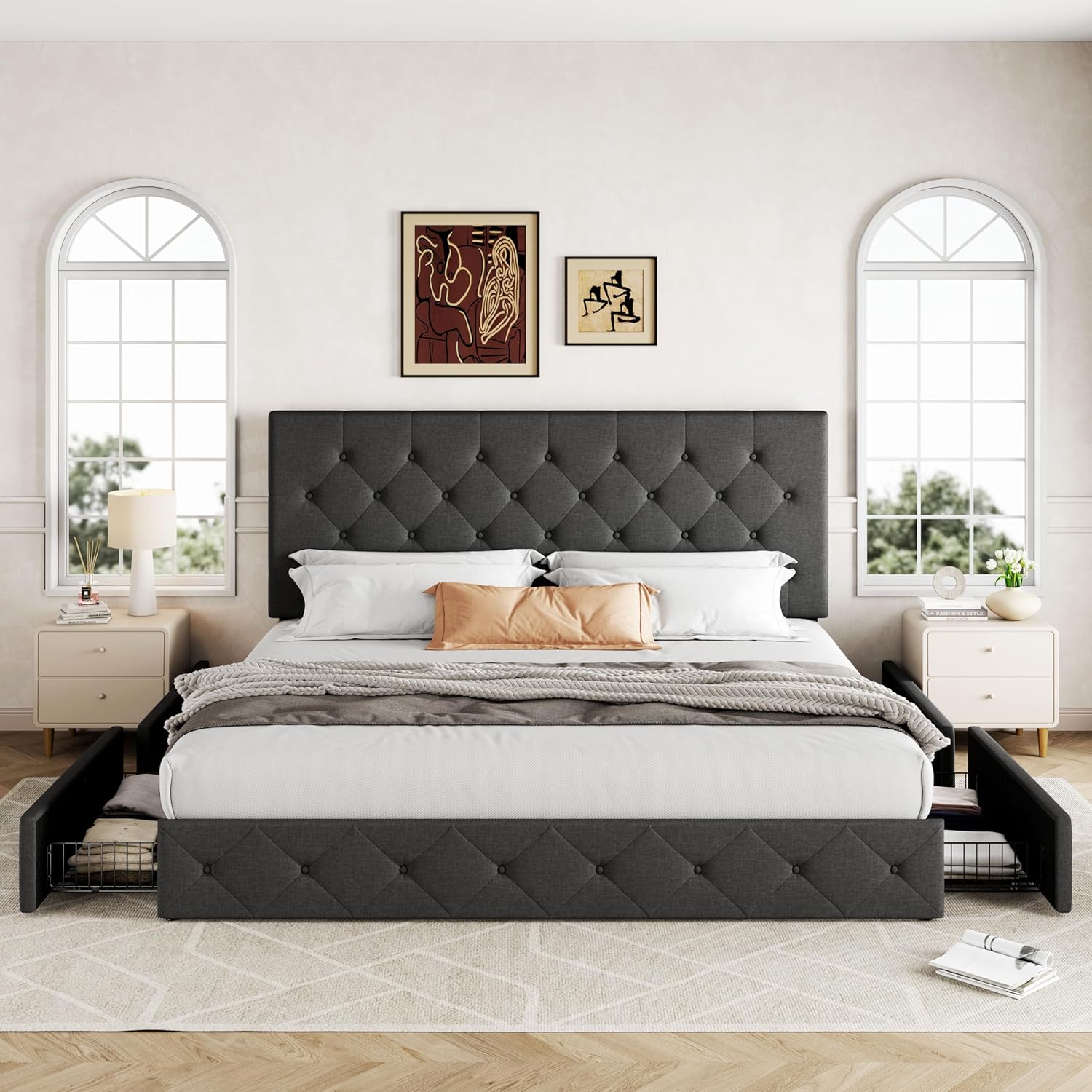 Allewie Upholstered Queen Size Platform Bed Frame with 4 Storage Drawers and Headboard wourant