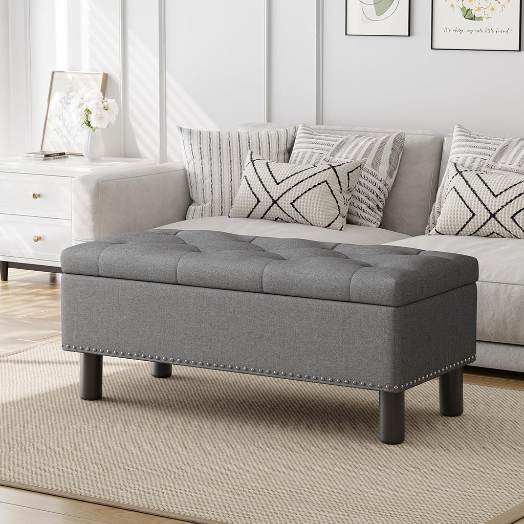 Furniliving Modern Storage Ottoman Bench, Sherpa Ottoman End of Bed Bench with Solid Wood Legs Upholstered Ottoman Benches with Storage Indoor Bench wourant
