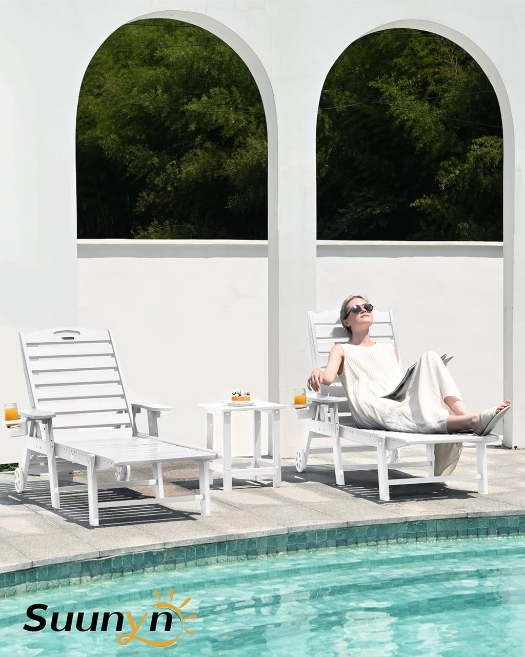 Lounge Chair Outdoor, Chaise Lounge, HDPE 6-Position Outdoor Chaise Lounge, Patio Lounge Chair with Wheels & Cup Holder for Pool Poolside Deck Backyard, Teak wourant
