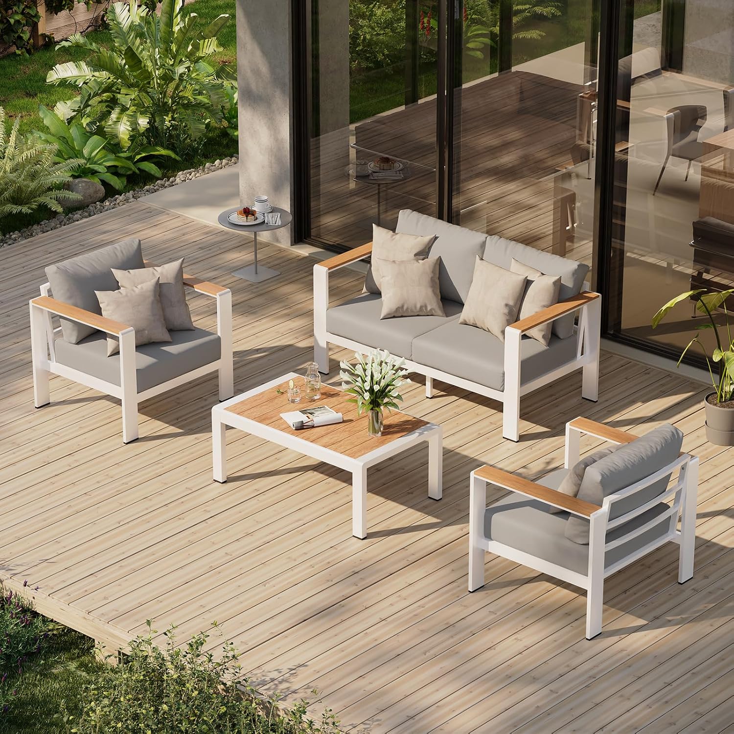 Aluminum Outdoor Patio Furniture Set with Coffee Table, 4 Piece Patio Conversation Sets with Washable Thick Cushions, Outdoor Sectional Furniture Set for Poolside, Balcony, Deck, Gray woonhhop