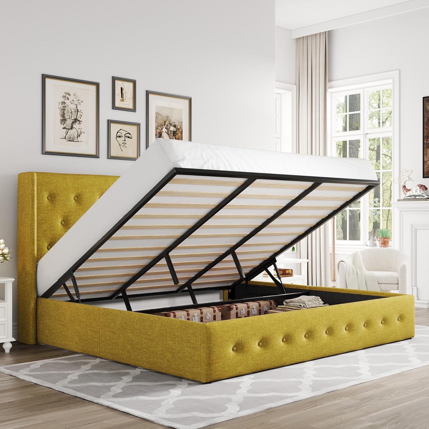 Allewie Queen Size Lift Up Storage Bed Modern Wingback Headboard Hydraulic Support wourant