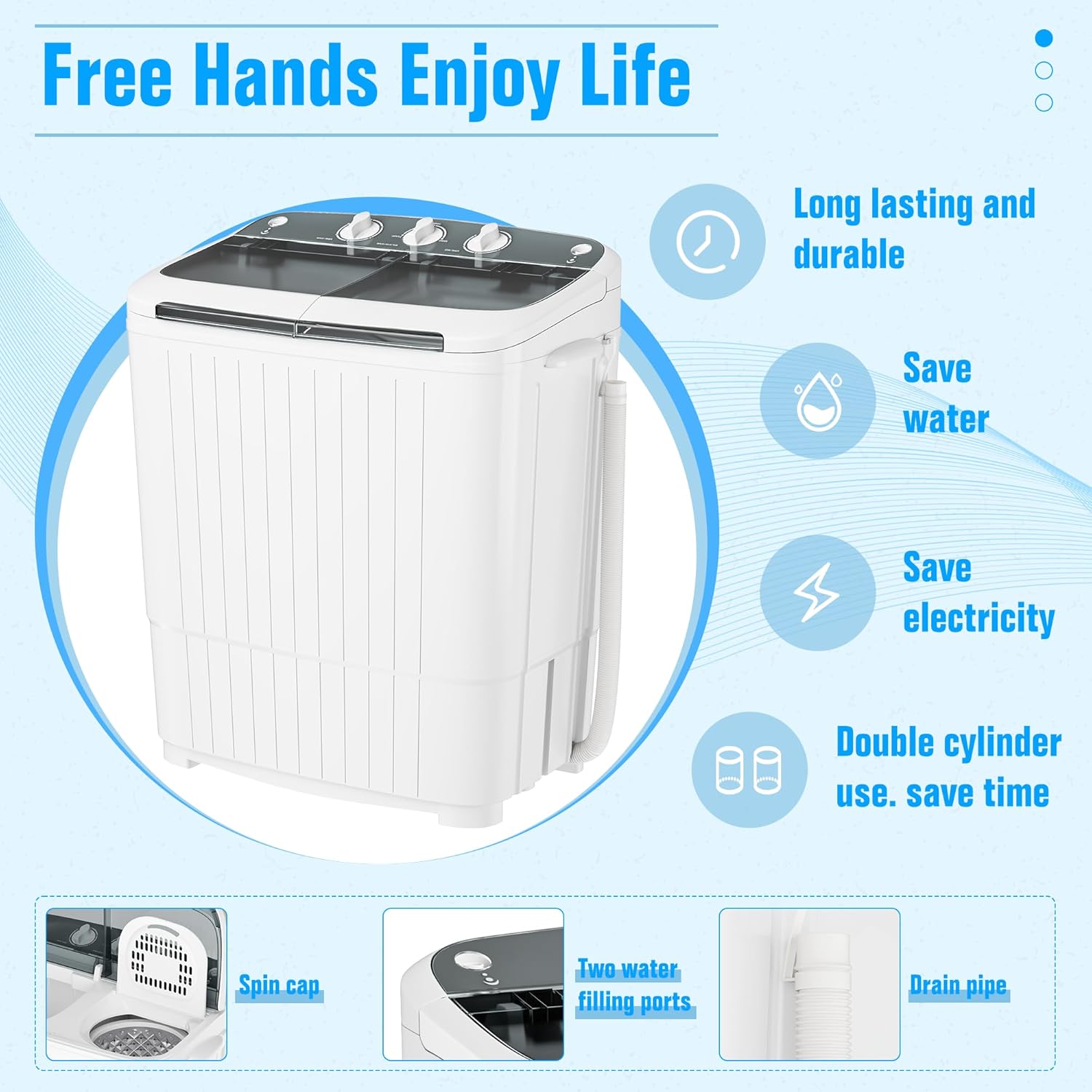 INTERGREAT Portable Washing Machine with Longer Hose, 16lbs Twin Tub Washer Mini Compact Laundry Washing Machine with Drain Pump, Semi-automatic Washer Combo for Dorms, Apartments, Blue wourant
