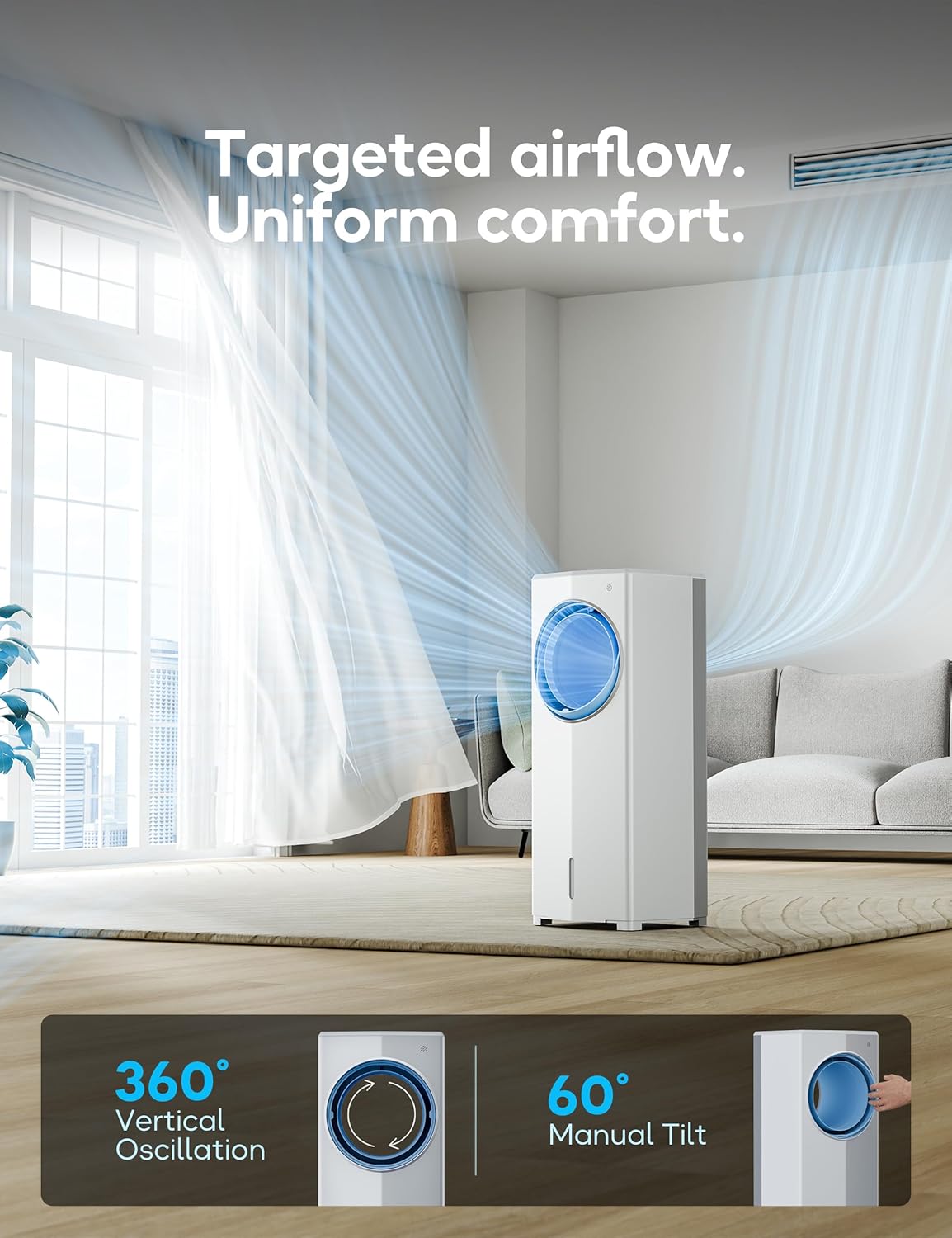 Windowless Portable Air Conditioner, 26.3" Small Evaporative Air Cooler for Room No Window, 3-Speed Settings, 4 Modes, 7H Timer, Remote Control, 4 Ice Packs, Quiet AC Unit for Bedroom wourant
