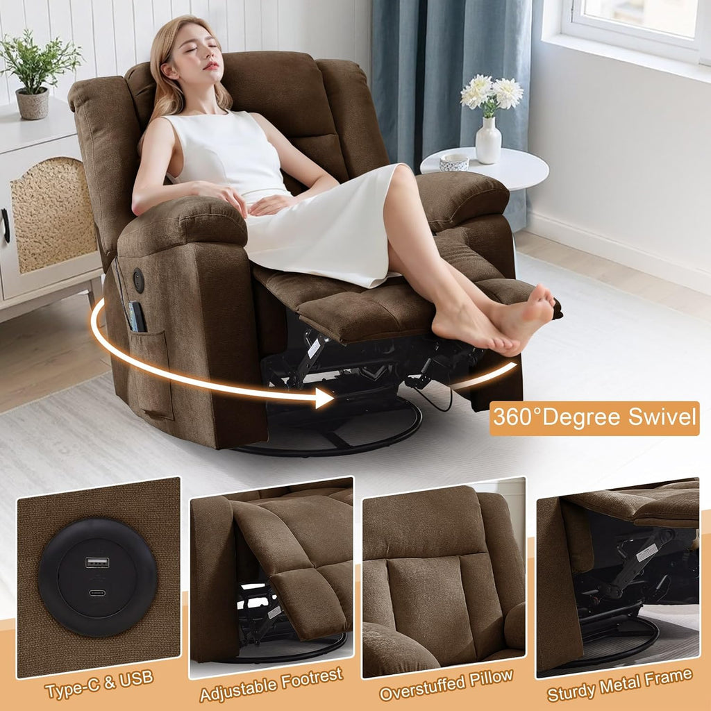 Rocker Recliner, Glider Recliner Chairs for Adults, 360° Swivel Rocking Chair with Massage and Heating, Nursery Chair with Storage and USB Charging for Living Room, Bedroom, Nursery wourant