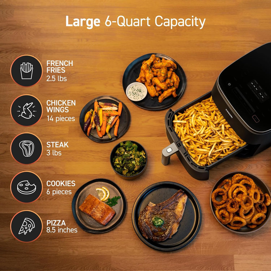 COSORI Air Fryer 9-in-1 Compact & Large 6-Qt Fast Turbo Modes Precise Heat for Even Results wourant