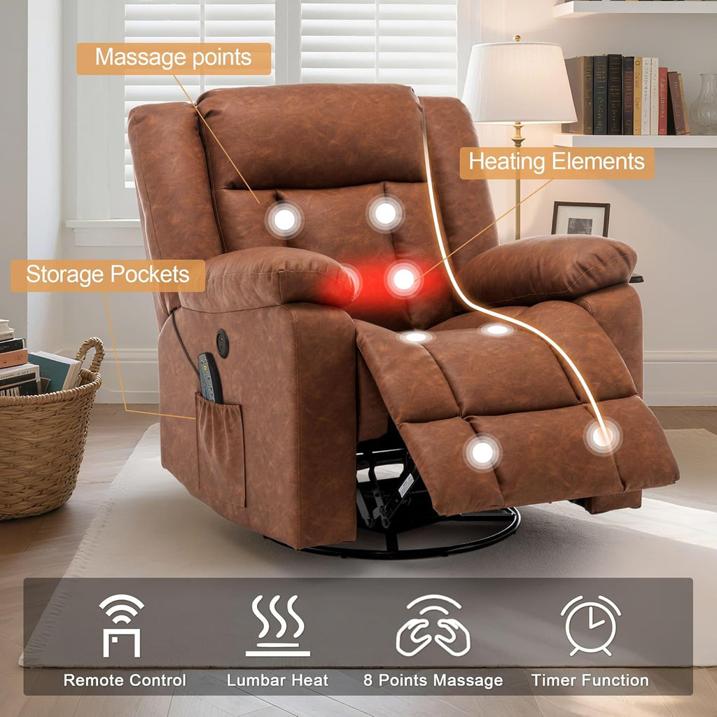 Adult rocking chair, gliding recliner, 360° rotating rocking chair with massage and heating function wourant