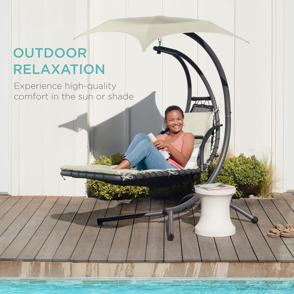 Best Choice Products Outdoor Hanging Curved Steel Chaise Lounge Chair Swing w/Built-in Pillow and Removable Canopy - Charcoal Gray wourant