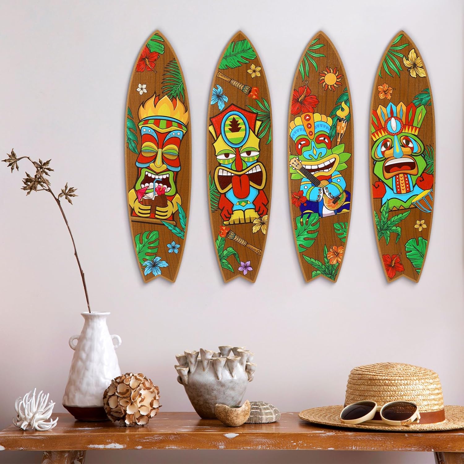 Blulu 4 Pcs Surfboard Wall Decor Surfboard Wall Hanging Sign Wooden Beach Decoration Summer Theme Decor Hawaiian Luau Party Decoration for Home Bar Aloha Tropical Birthday Party(Tiki) wourant