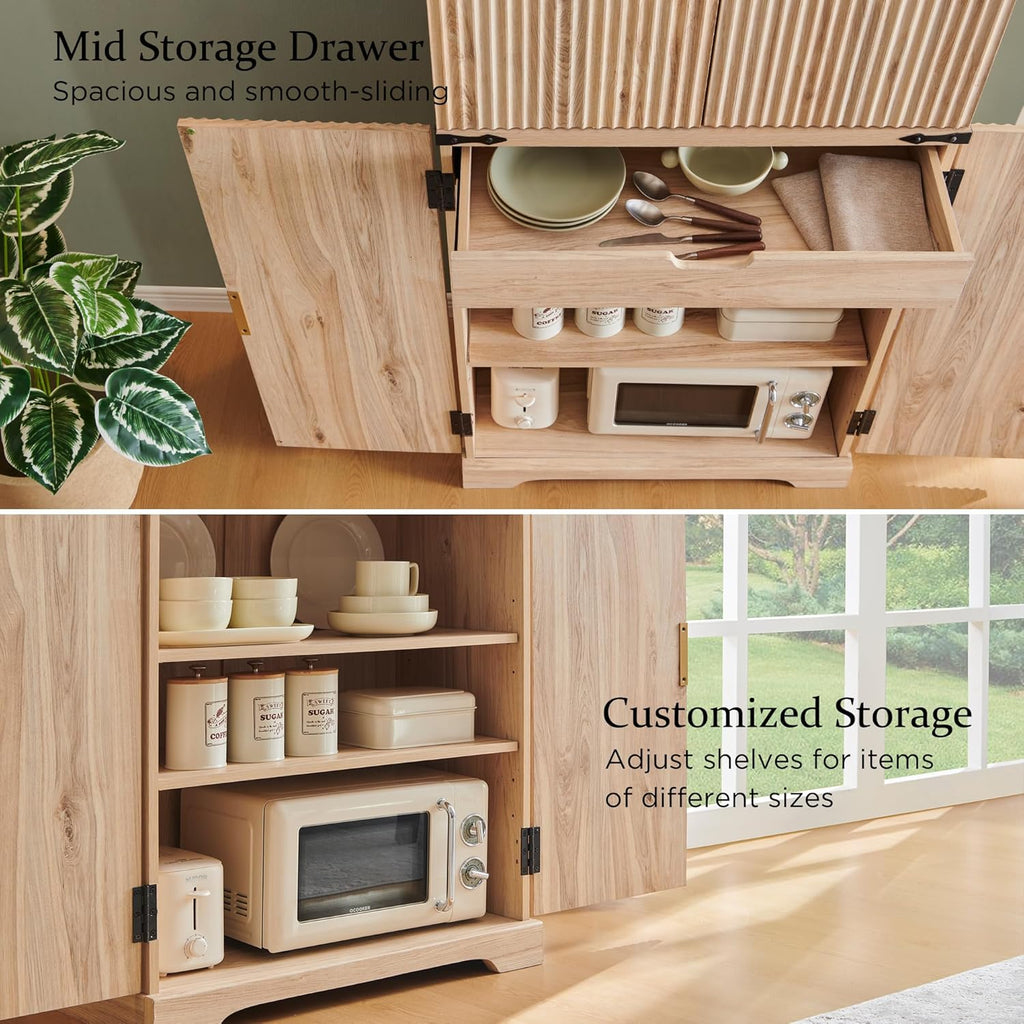Fluted Pantry Cabinet, 72" Tall Modern Storage Cabinet with 4 Doors, Organizer, Drawer and Adjustable Shelves, Wood Cupboard for Kitchen, Dining Room, Living Room and Bathroom, Natural Oak wourant