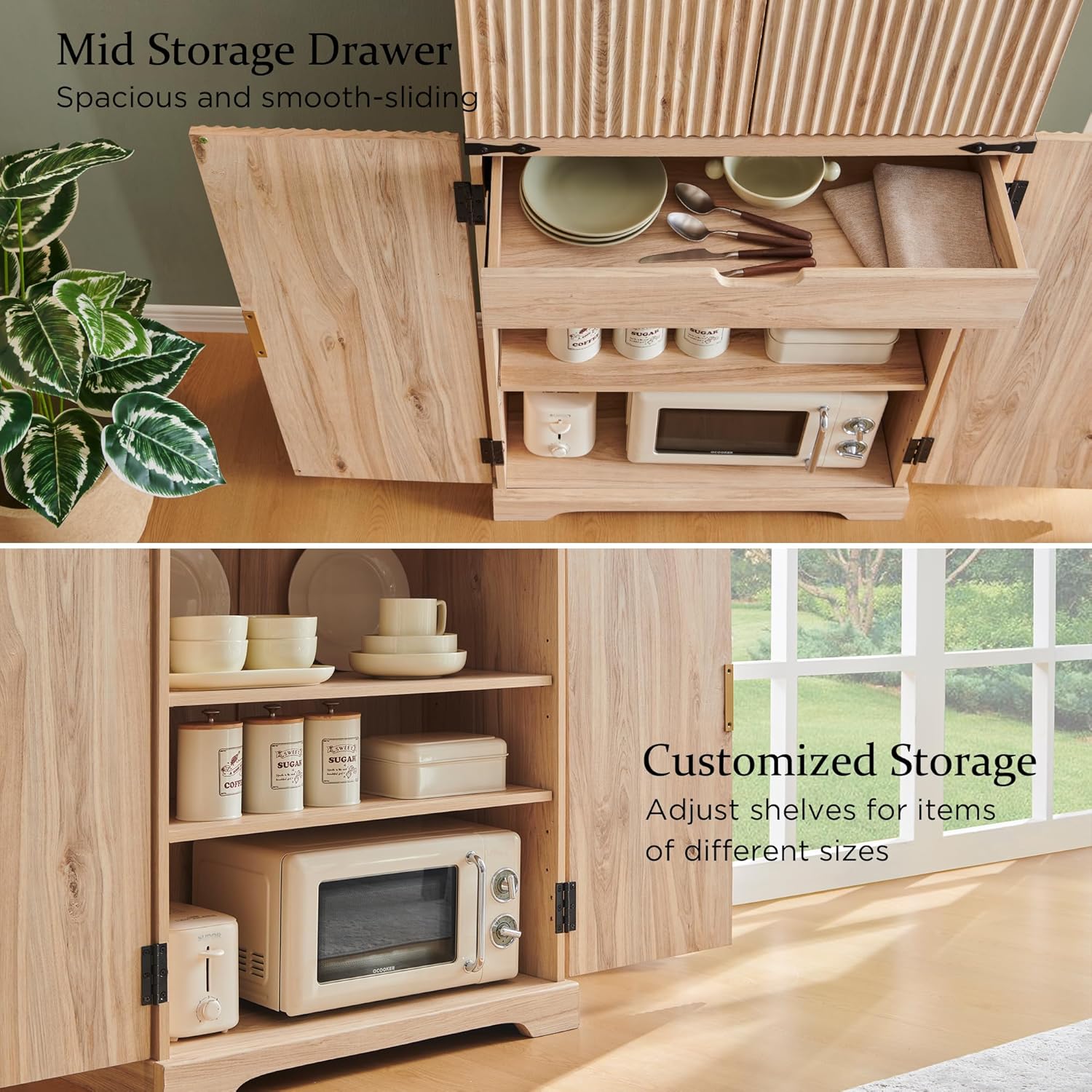Fluted Pantry Cabinet, 72" Tall Modern Storage Cabinet with 4 Doors, Organizer, Drawer and Adjustable Shelves, Wood Cupboard for Kitchen, Dining Room, Living Room and Bathroom, Natural Oak wourant