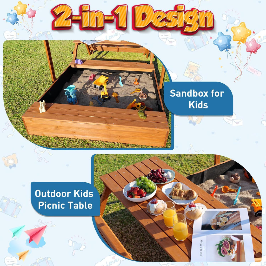 Wooden Kids Sandbox with Lid Outdoor Sand Box with Picnic Table Foldable, Sandpit with Cover Ages 4-8, Adjustable Canopy Bottom Liner for Backyard Garden wourant