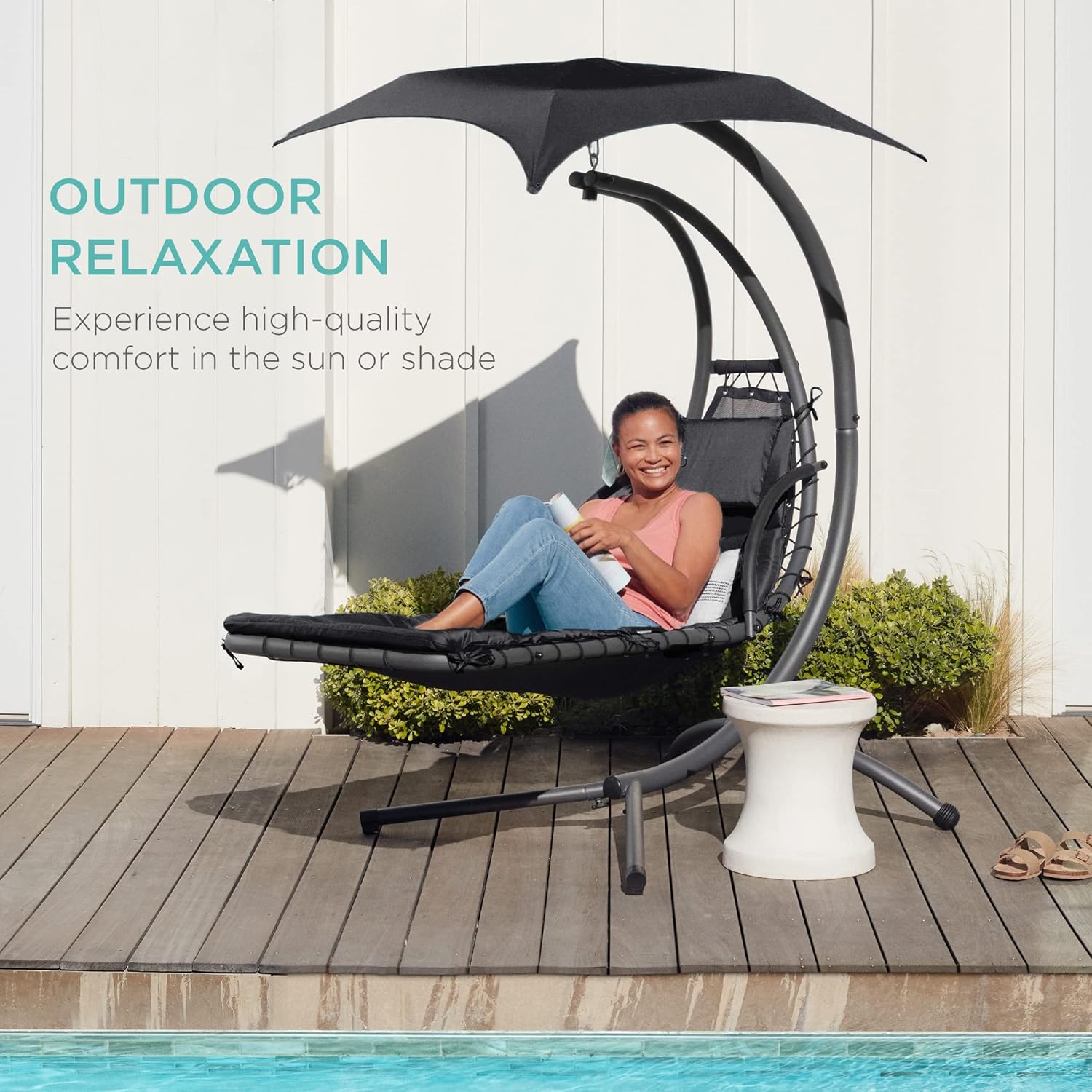 Best Choice Products Outdoor Hanging Curved Steel Chaise Lounge Chair Swing w/Built-in Pillow and Removable Canopy - Charcoal Gray wourant