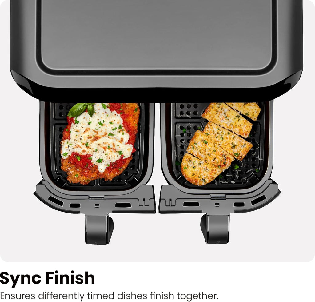 Chefman 6-Quart Dual Basket Air Fryer - Digital Touchscreen, Smart Sync Finish, High-Frying, Auto-Off, 2 Independent 3-Quart Nonstick Pans, Dishwasher-Safe Baskets wourant