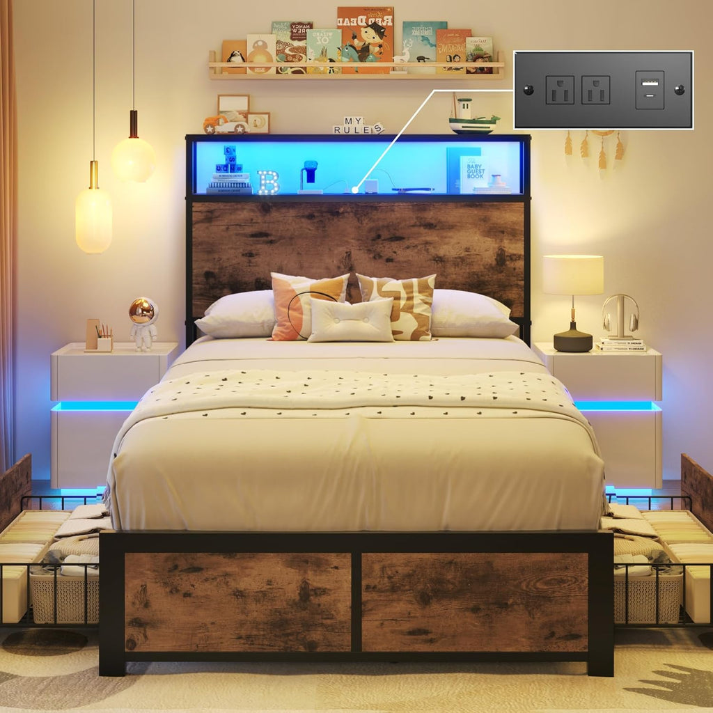 Lifezone Queen Bed Frame with 2-Tier Storage Headboard, Metal Platform Bed Frame with 4 Storage Drawers, Built in Charging Station & LED, Noise-Free/Metal Support/No Box Spring Needed wourant