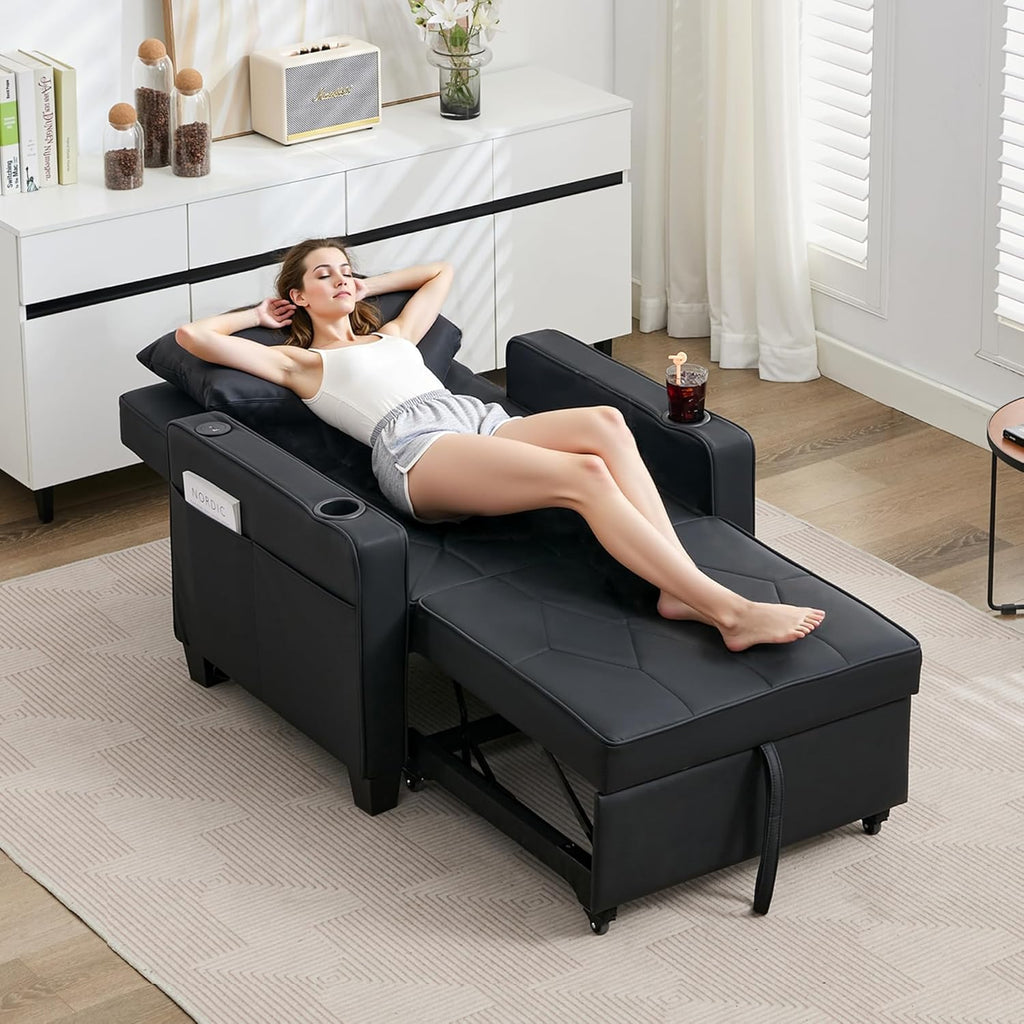 Adult Convertible Sleeper Chair Bed, 3-in-1 Pull-Out Sofa Bed with USB/Type-C Ports, Cup Holders, Side Pockets, Single Sofa wourant