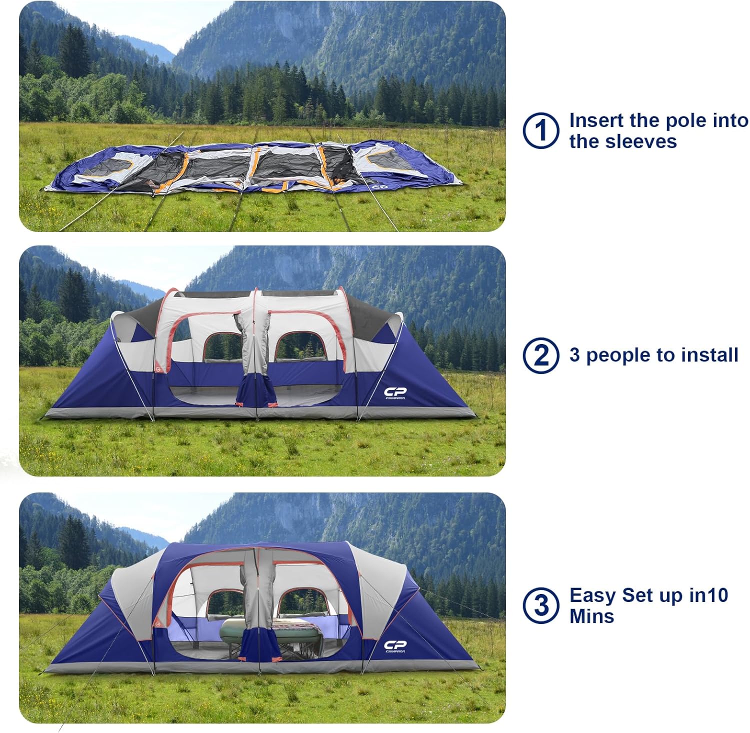 CAMPROS CP Tent 12-Person-Camping-Tents,3 Room Family Tents,Waterproof Windproof Family Tent with Top Rainfly,6 Large Mesh Windows,Double Layer,Easy Set Up, Portable with Carry Bag-20' x 9' x 72"(H) wourant