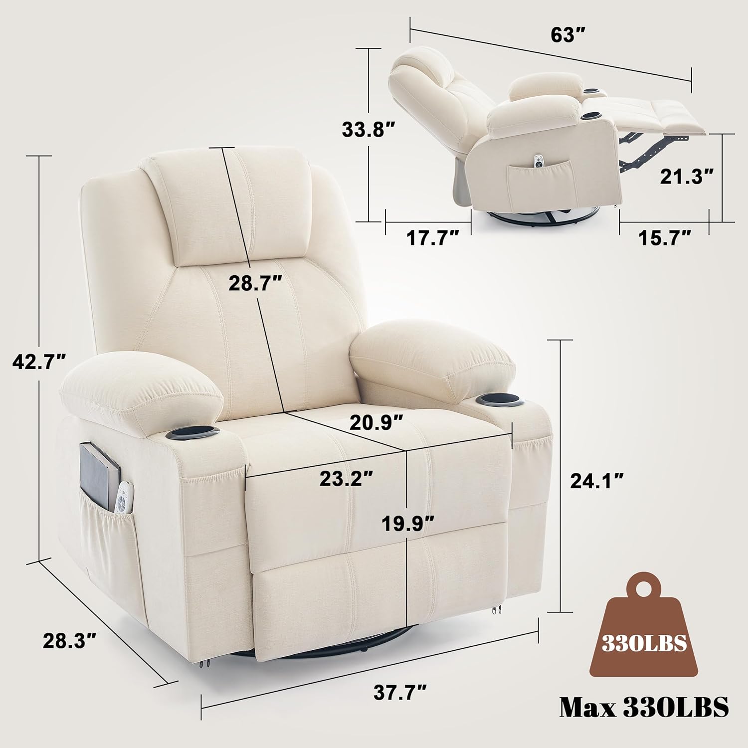 Large Swivel Rocking Recliner with Heating and Massage Function, 360 Degree Swivel Rocking Single Sofa wourant