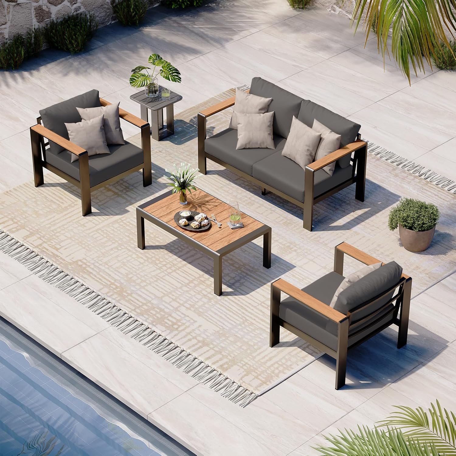 Aluminum Outdoor Patio Furniture Set with Coffee Table, 5 Piece Patio Conversation Sets, Outdoor Sectional Furniture for Porch, Balcony, Yard, Gray woonhhop