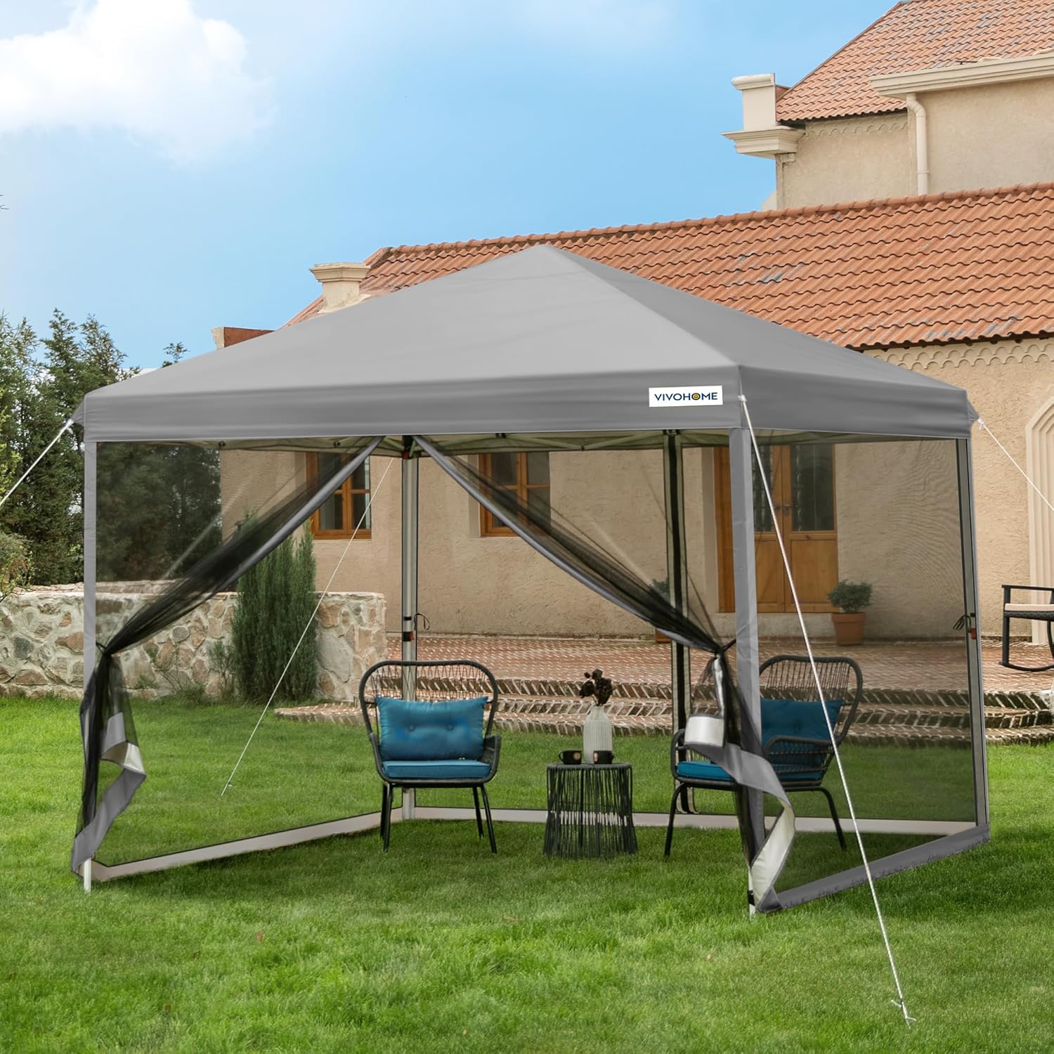 10x10ft Easy Pop-Up Canopy, Outdoor Screen Tent with Mosquito Netting, 2 Zipper Doors, and Roller Bag for Yard Camping Picnic Party Events, Beige wourant