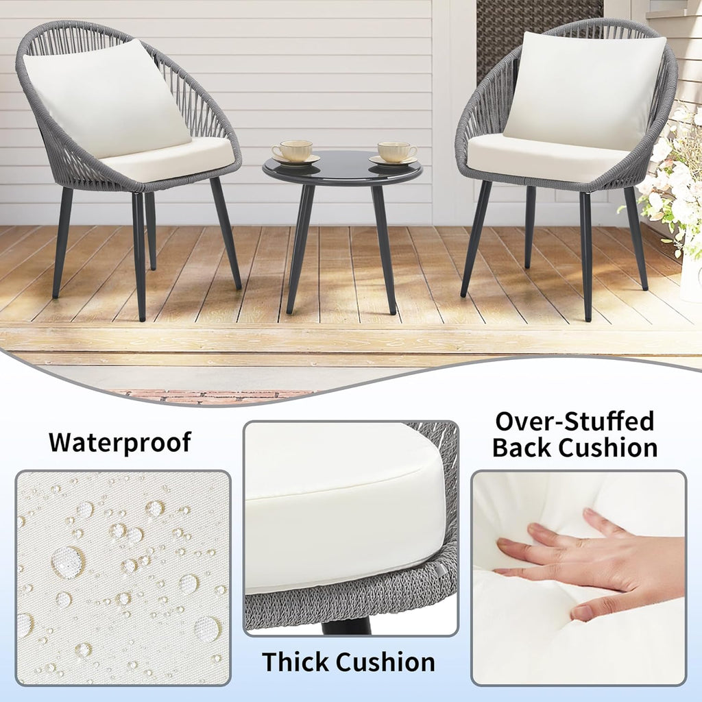 3 Piece Bistro Set, Woven Rope Chair with Cushions, All Weather Patio Conversation Set with Side Table, Ideal for Deck, Balcony, Poolside, Black wourant