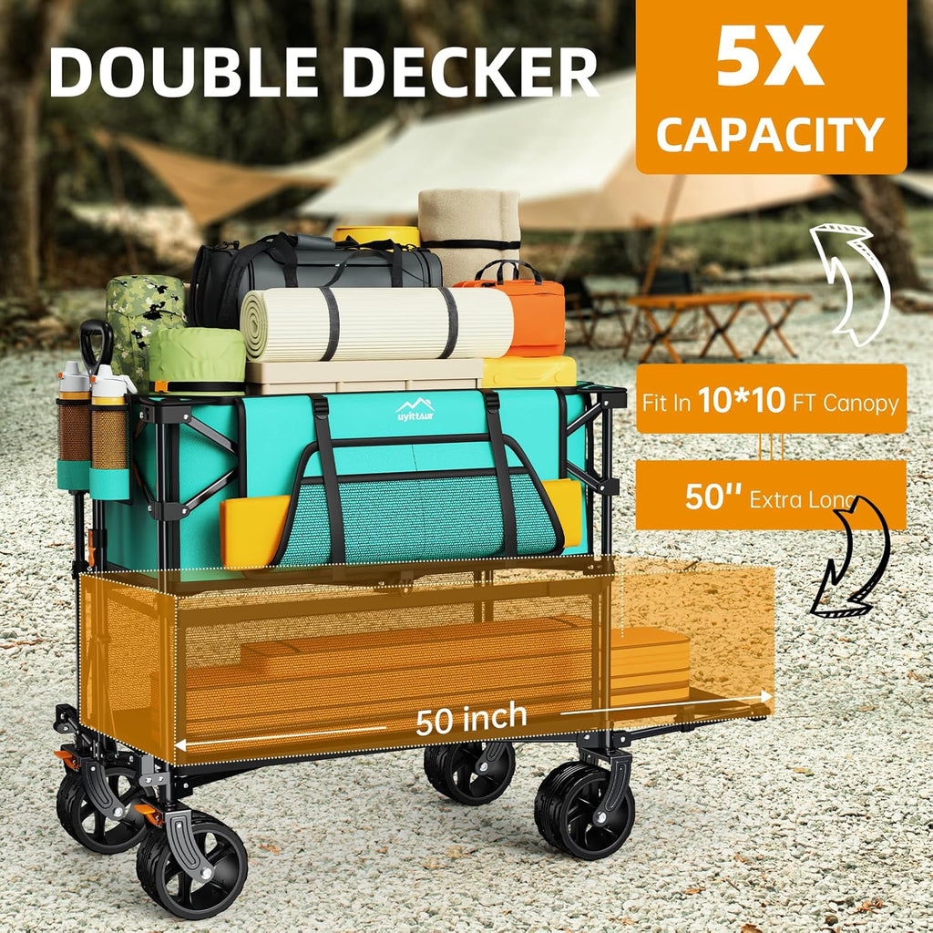 Foldable 50''L Extra Long Double Decker Wagon for Sport, 400L Collapsible Heavy Duty Wagon Cart with Big Wheels, Utility All-Terrain Large Extender Cart for Outdoors wourant