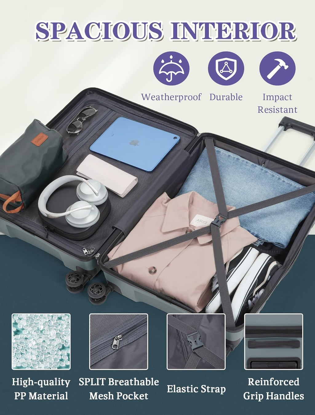 5-piece luggage set with wheels, ABS hardshell suitcase with spinner wheels wourant