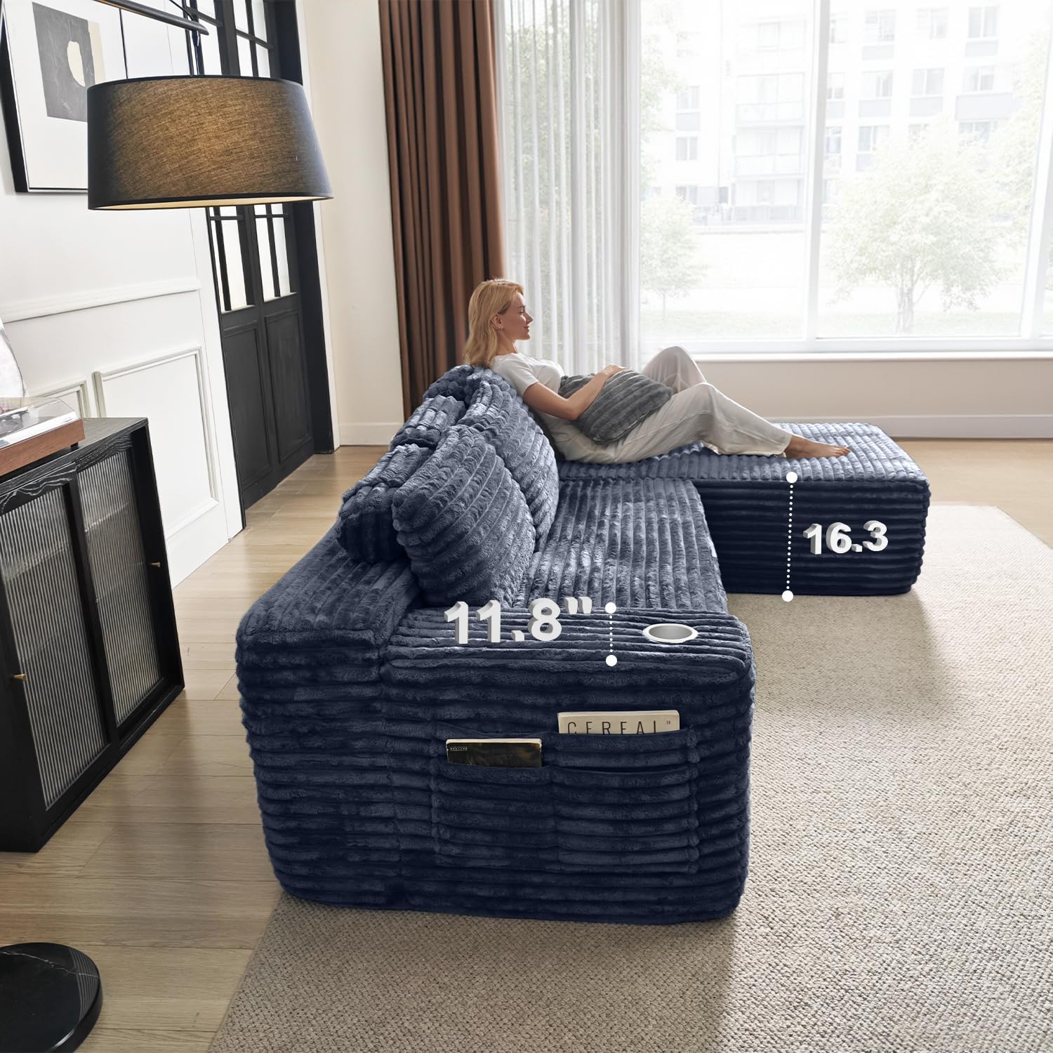 Cloud Sectional Couch with L-Shape Chaise, Modern Modular Sofa with Deep Seat, Built-in Cup Holder & Storage Pocket for Living Room Bedroom, No Assembly Required (Dark Gray, Left Sitting Chaise) wourant