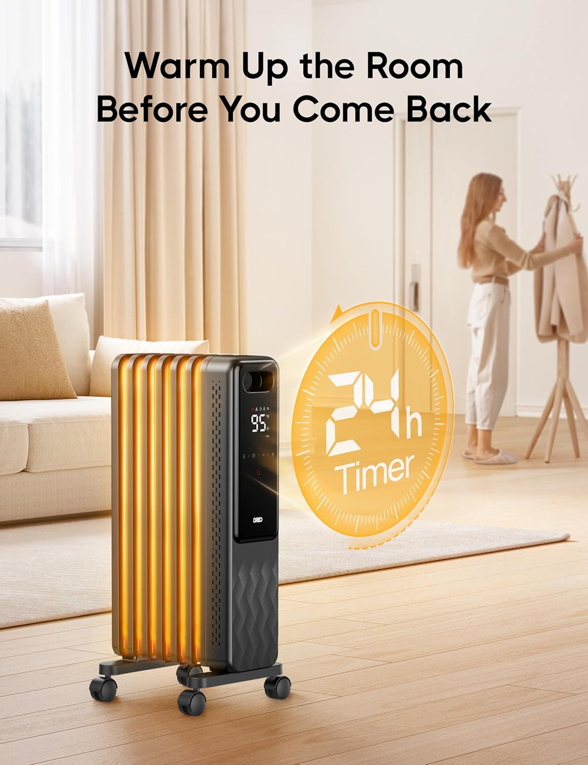 Indoor electric radiant heater with overheat and tip-over protection, digital thermostat, oil-filled radiator wourant