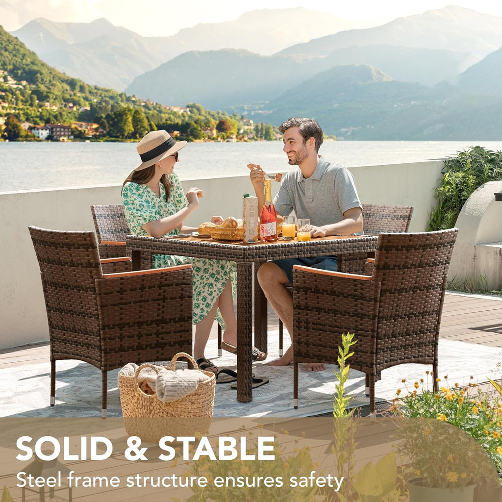 Devoko Dining 7 PCS Furniture, Patio Conversation Set with Acacia Wood Table Top, Rattan Outdoor, Black wourant