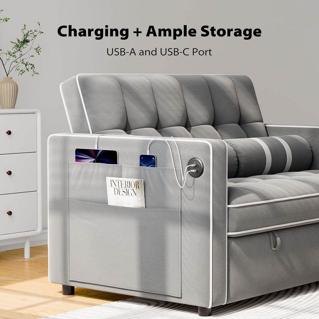 Pipishell 3 in 1 Convertible Sleeper Sofa Bed,Pull Out Couch for Living Room with USB Ports & Side Pockets,Adjustable Backrest,Velvet,Loveseat Sofa Bed,Futon Couches,Black wourant