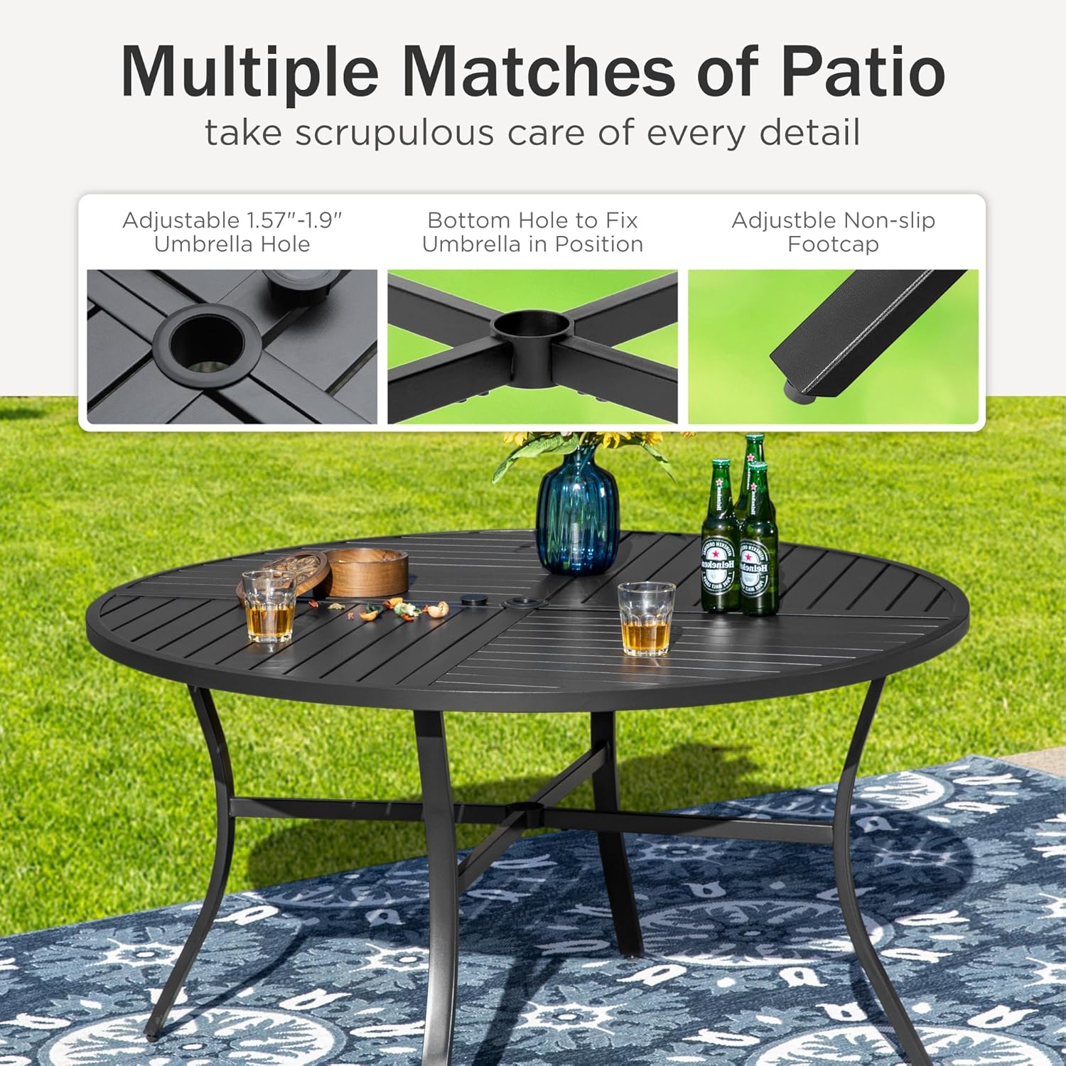 PHI VILLA 6-Piece Outdoor Dining Sets, All-Weather Patio Table and Chairs Set with Umbrella for 4, Heavy Duty Patio Round Table Set for Deck, 4 Extra Large Outdoor Swivel Chairs with Thick Cushions wourant