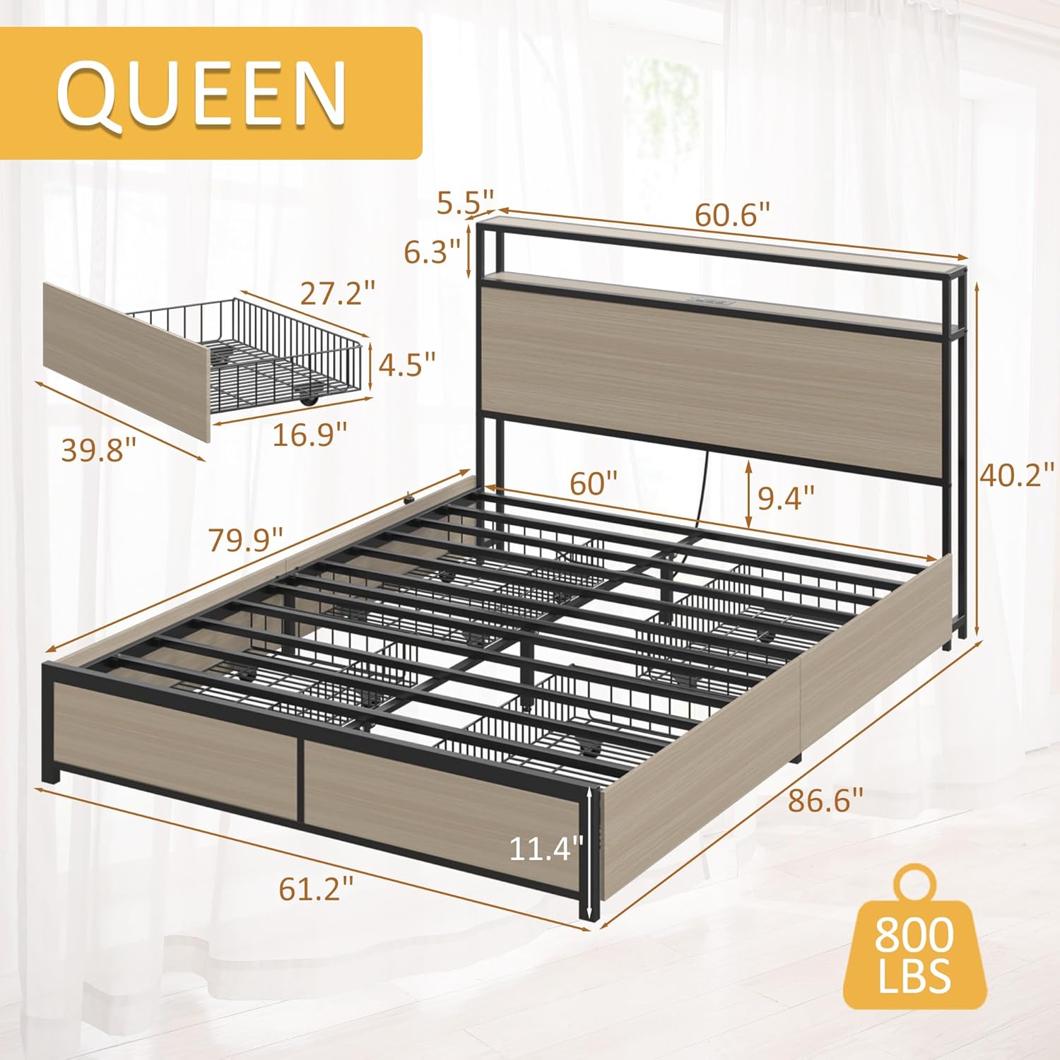 Lifezone Queen Bed Frame with 2-Tier Storage Headboard, Metal Platform Bed Frame with 4 Storage Drawers, Built in Charging Station & LED, Noise-Free/Metal Support/No Box Spring Needed wourant