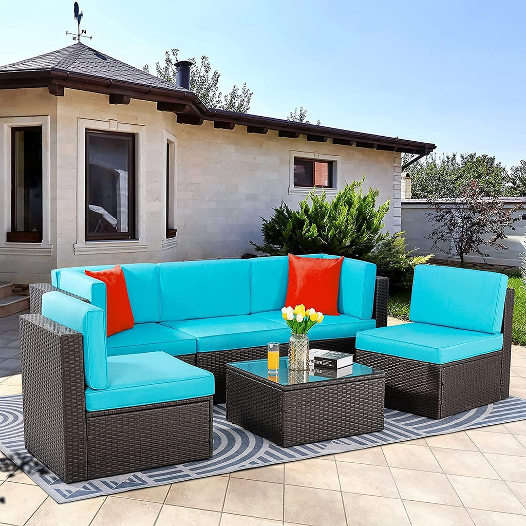 Vongrasig 5 Piece Patio Furniture Sets, Outdoor Patio Set Sectional Sofa, All-Weather PE Rattan Outdoor Couch with Ottoman, Glass Table for Garden, Backyard, Porch, Beige woonhhop