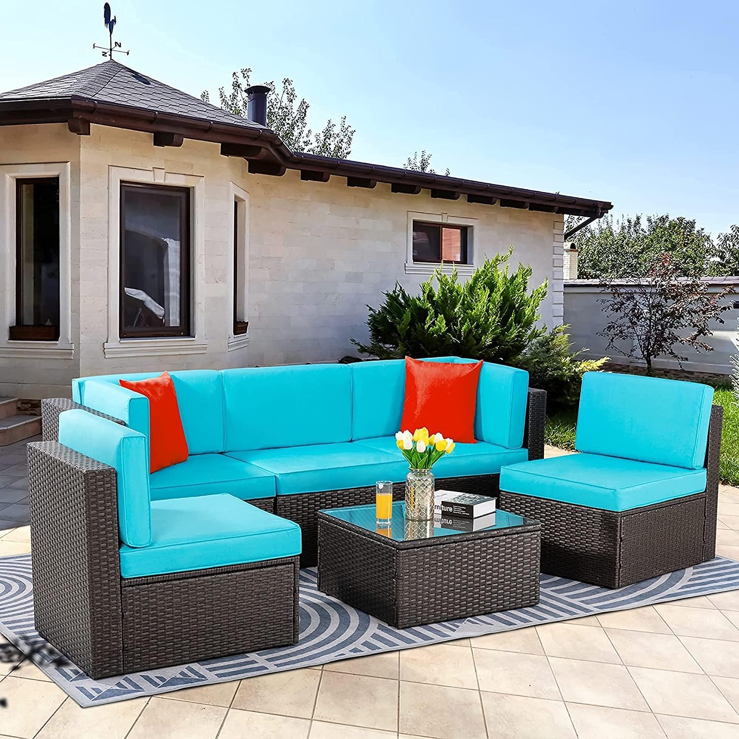 Vongrasig 5 Piece Patio Furniture Sets, Outdoor Patio Set Sectional Sofa, All-Weather PE Rattan Outdoor Couch with Ottoman, Glass Table for Garden, Backyard, Porch, Beige woonhhop