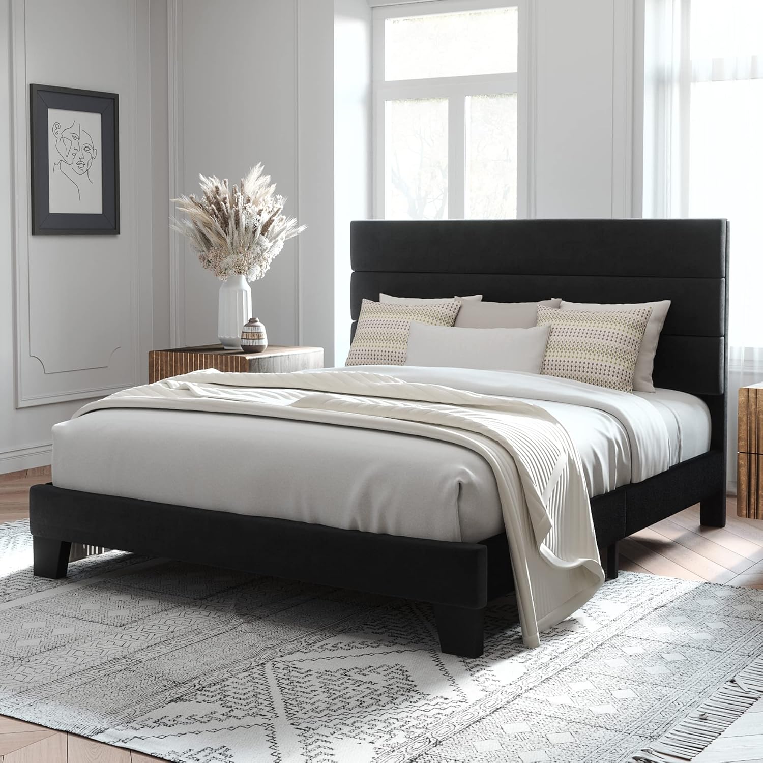 Allewie Queen Size Platform Bed Frame Fabric Upholstered Headboard Wooden Slats Support wourant