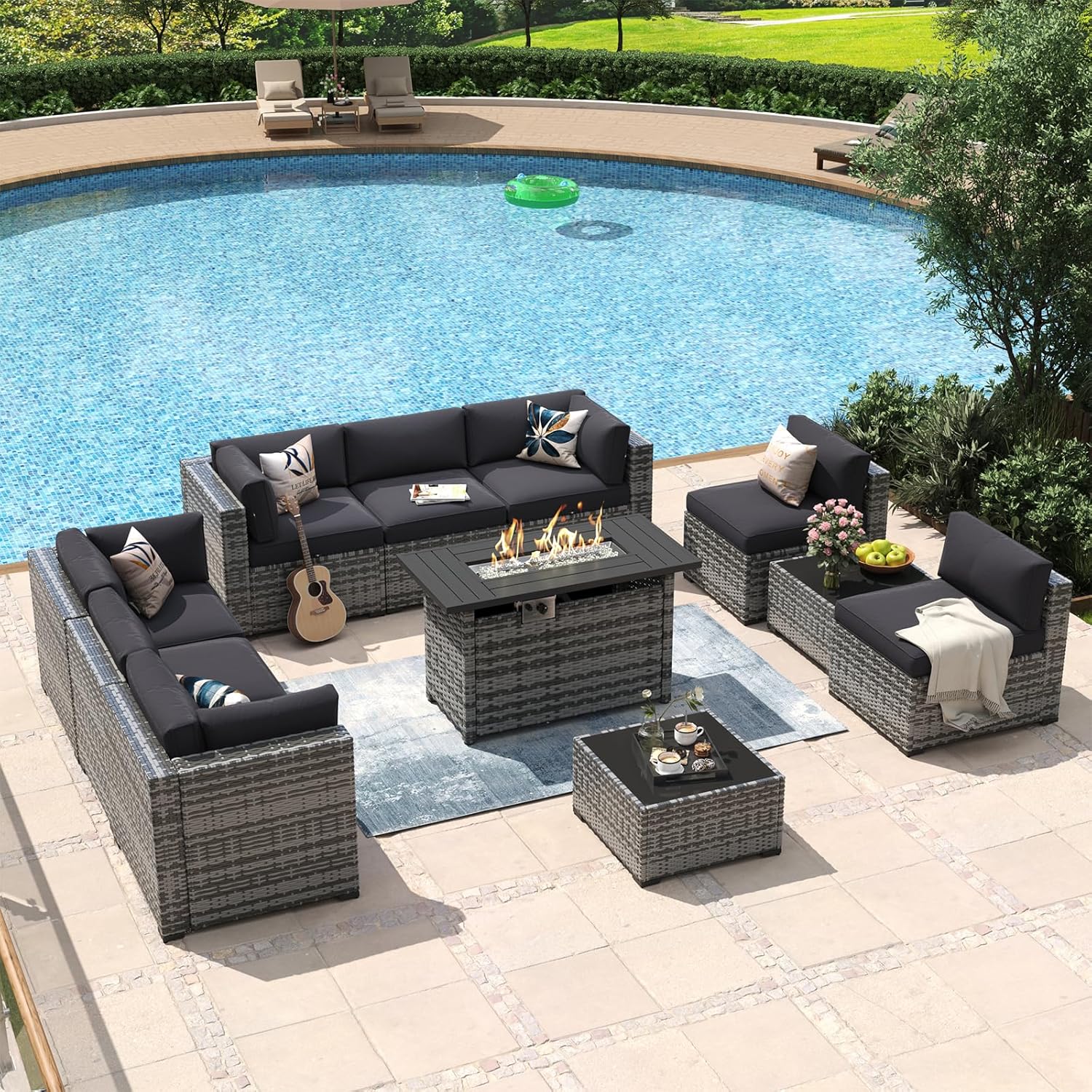 Aoxun 8 Piece Patio Furniture Set with 44?Fire Pit Table Wicker Rattan Outdoor Sectional Sofa Set with Coffee Table and Thickened Cushions, Beige (Waterproof Cover Included) woonhhop