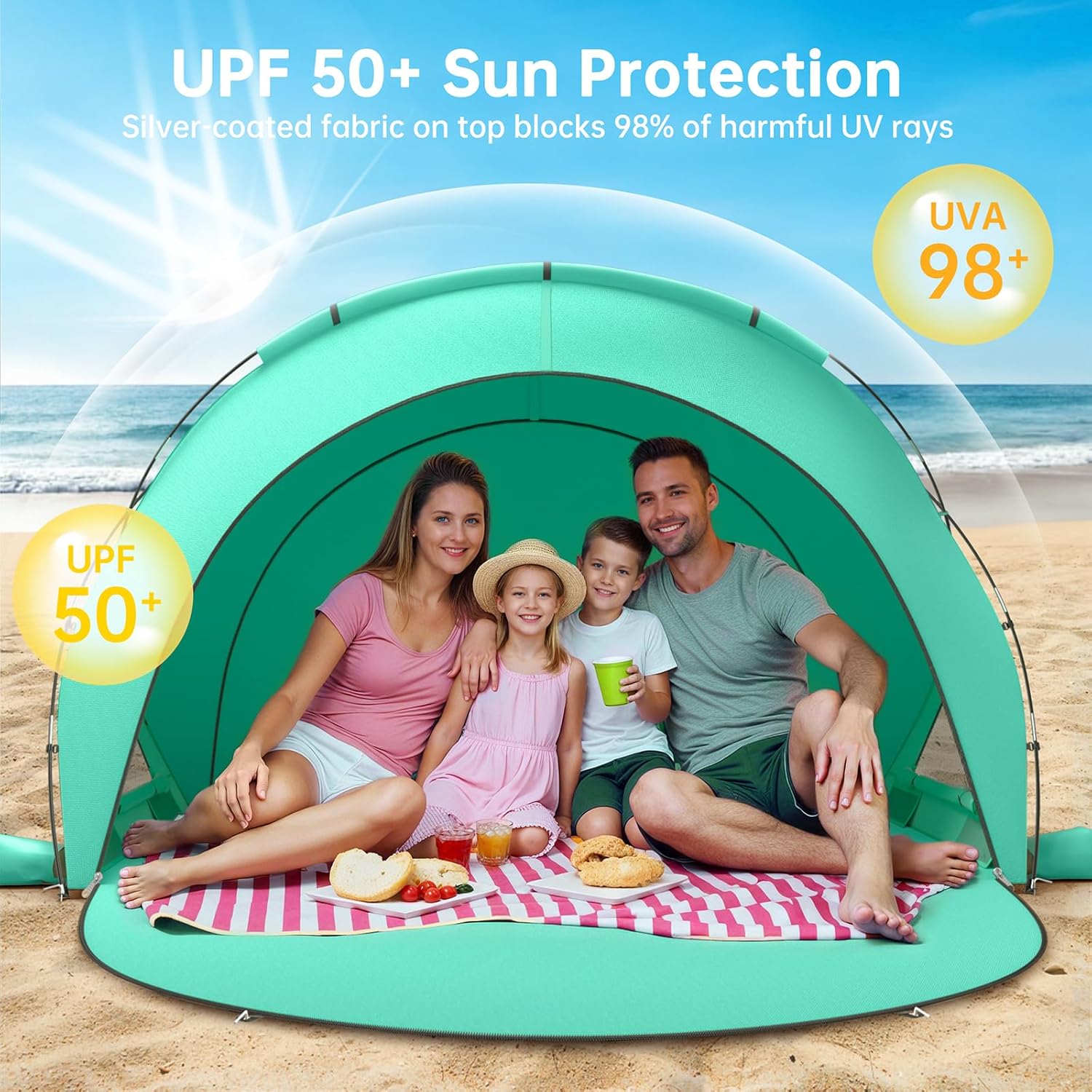Beach Tent Sun Shelter, Beach Shade Tent with UPF50+ UV Protection, Beach Sun Shelter, Beach Shade with 2 Zippered Doors, Portable Beach Tent for Beach Camping Fishing wourant