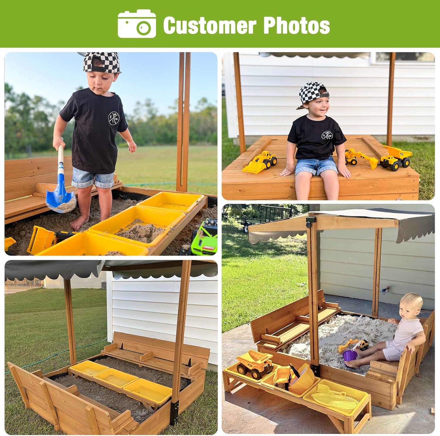 Kids Wooden Outdoor Sandbox w/Canopy, 2 Foldable Bench Seats, Retractable Roof Sand Protection Liner 47x47-Inch wourant