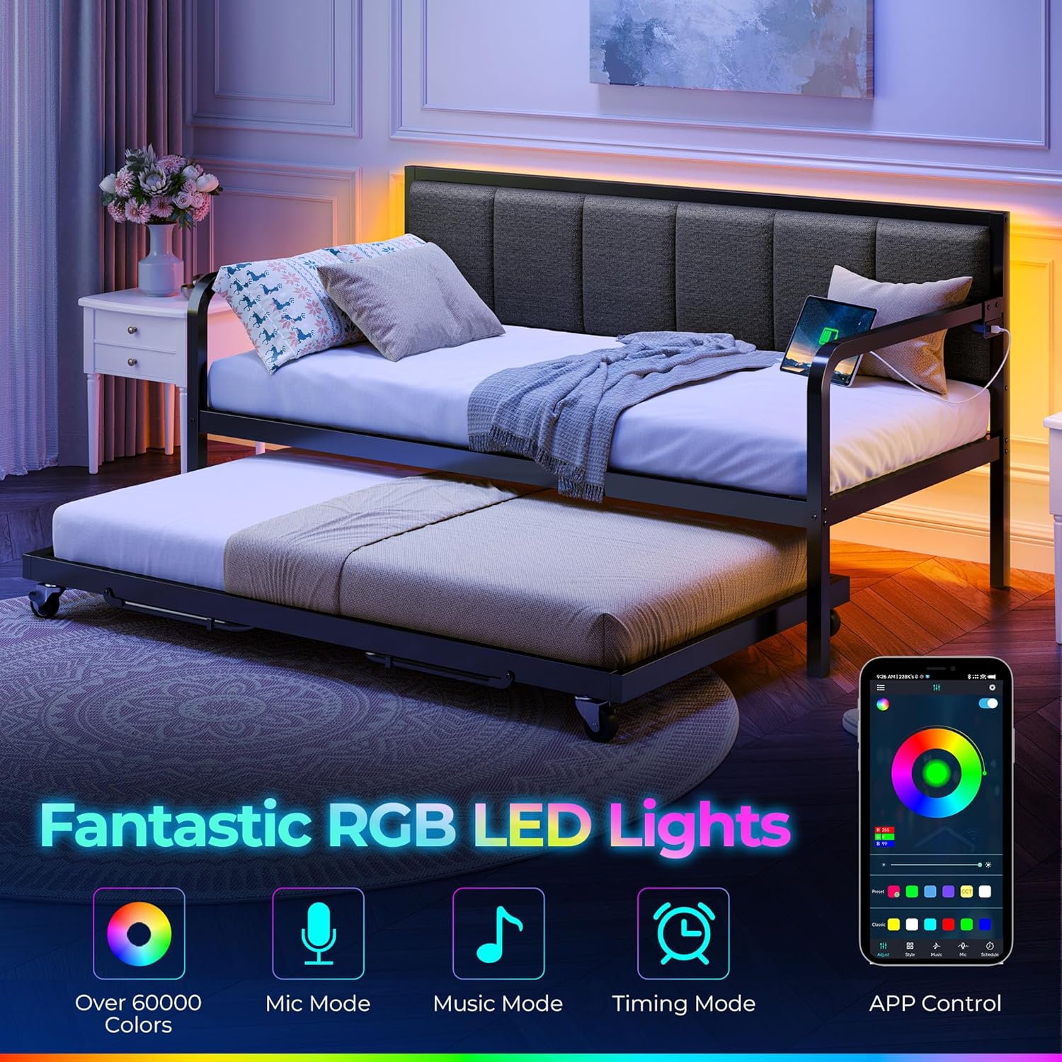 Rolanstar Daybed with Charging Station and LED Lights, Height Adjustable Twin Daybed with Trundle, Metal Sofa Bed Frame with Steel Slat Support wourant