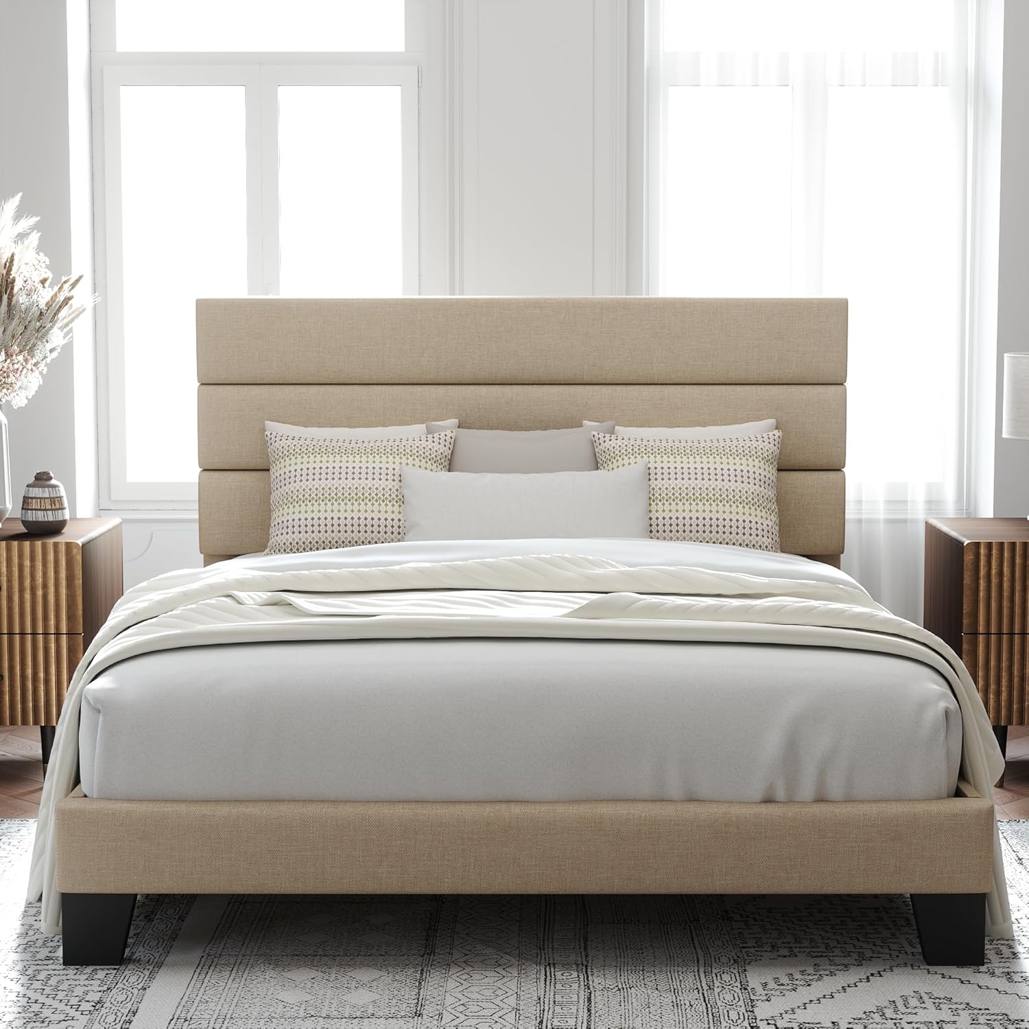 Allewie Queen Size Platform Bed Frame Fabric Upholstered Headboard Wooden Slats Support wourant