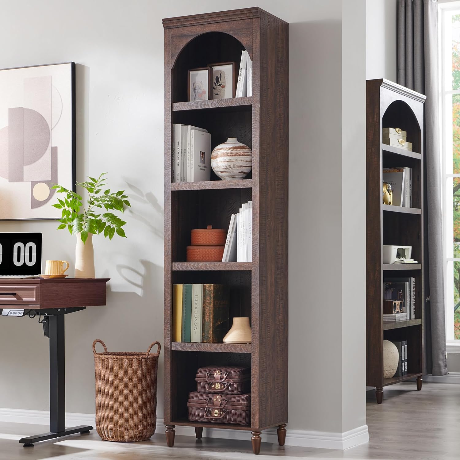 IFGET 76" Tall Arched Bookcase Farmhouse 5 Tiers Large Arched Bookshelf Cabinet Adjustable Shelves wourant