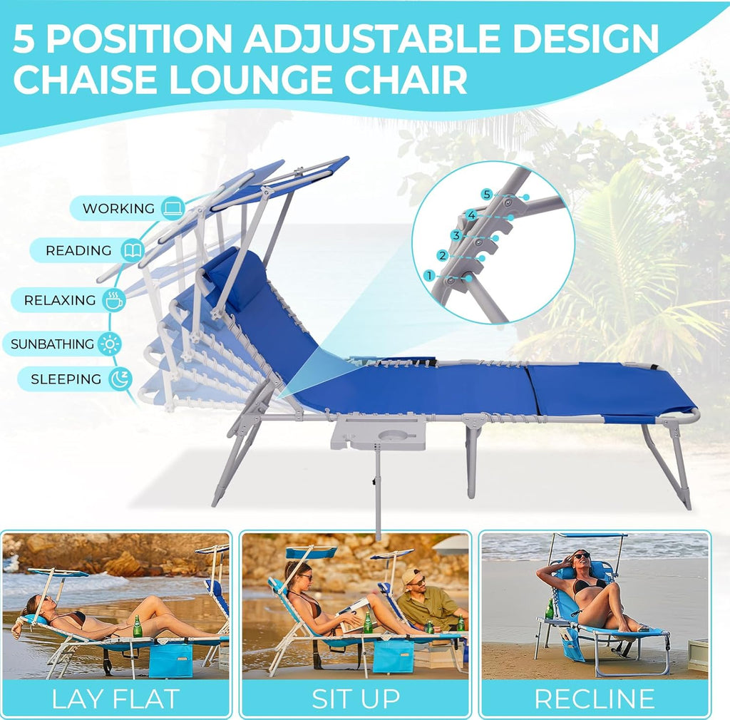 2 Pack Outdoor Chaise Lounge Chair - Portable Folding Patio Pool Lounge Chair, 5 Positions Adjustable Reclining Camping Chair with Side Table,Shoulder Strap, Pillow for Beach Sunbathing Lawn wourant