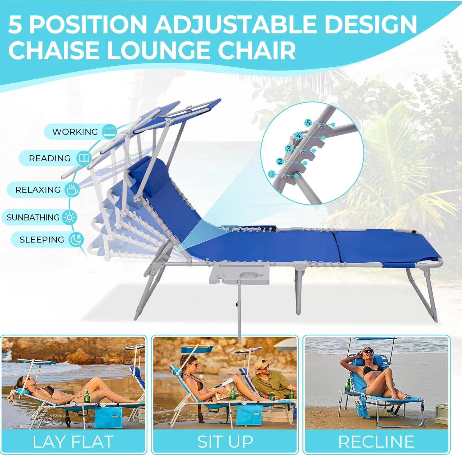 2 Pack Outdoor Chaise Lounge Chair - Portable Folding Patio Pool Lounge Chair, 5 Positions Adjustable Reclining Camping Chair with Side Table,Shoulder Strap, Pillow for Beach Sunbathing Lawn wourant