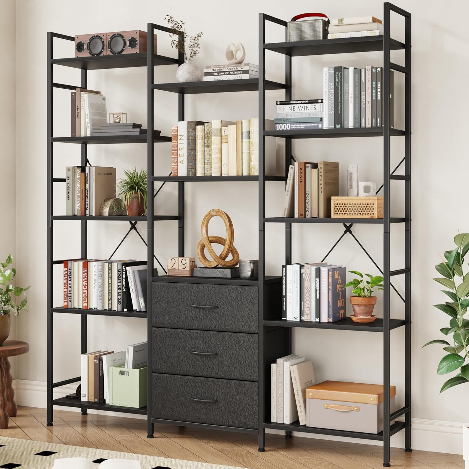 AFLUI Triple Bookshelf 3 Fabric Drawers 4-Tier Book Shelf 10 Display Shelves Industrial Bookcase wourant