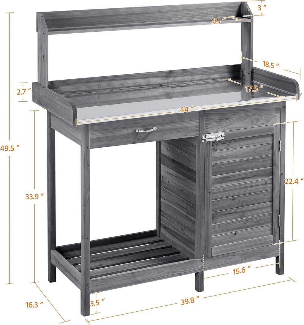Yaheetech Outdoor Garden Potting Bench Table Work Bench Metal Tabletop W/Cabinet Drawer Open Shelf Natural Wood wourant